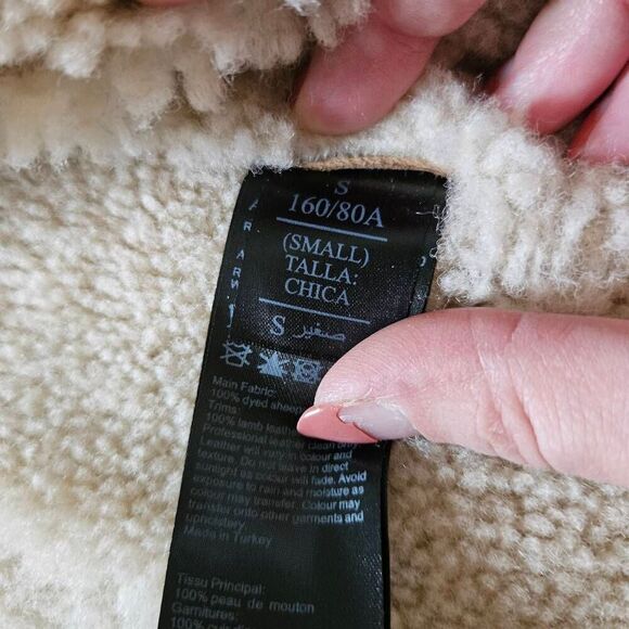 AllSaints Rei Shearling Suede Leather Moto Jacket Size Small in Sand Brown/Ecru - Picture 6 of 11